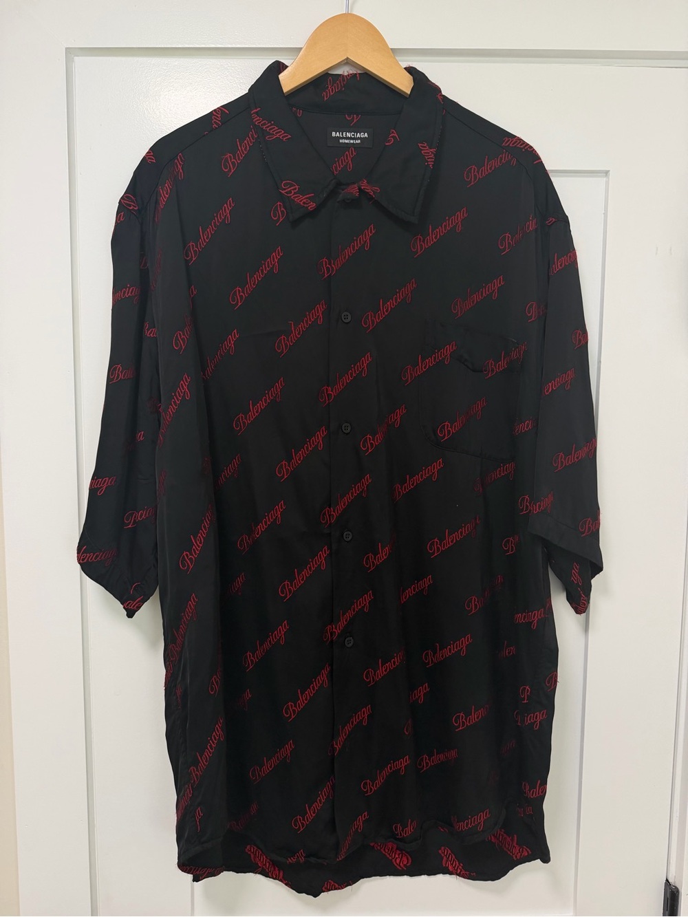 Balenciaga Black Button-Up Shirt with Red Script Logo Print